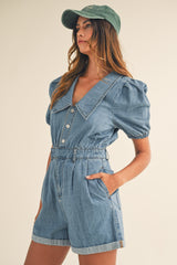 CAPRICE PUFF SLEEVE DENIM ROMPER