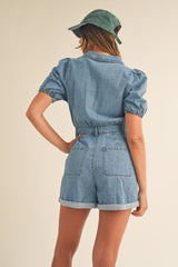 CAPRICE PUFF SLEEVE DENIM ROMPER