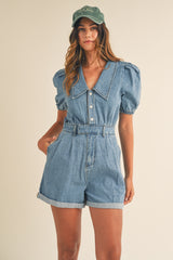 CAPRICE PUFF SLEEVE DENIM ROMPER