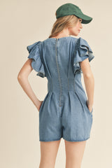 GUINEVERE RUFFLE SLEEVE DENIM ROMPER