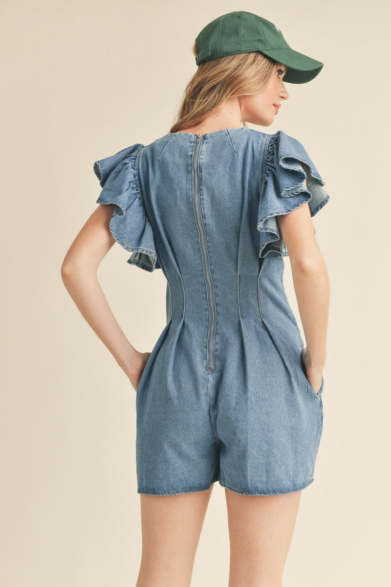 GUINEVERE RUFFLE SLEEVE DENIM ROMPER