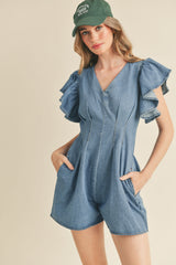 GUINEVERE RUFFLE SLEEVE DENIM ROMPER