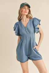 GUINEVERE RUFFLE SLEEVE DENIM ROMPER