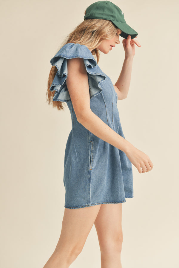 GUINEVERE RUFFLE SLEEVE DENIM ROMPER