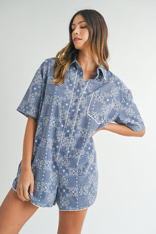 GREER PAISLEY PRINTED PIPPING ROMPER