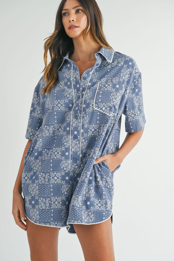 GREER PAISLEY PRINTED PIPPING ROMPER