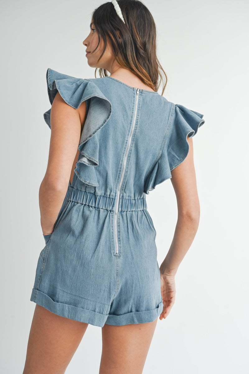 ESMEE RUFFLE SLEEVE DENIM ROMPER – Mable Clothing