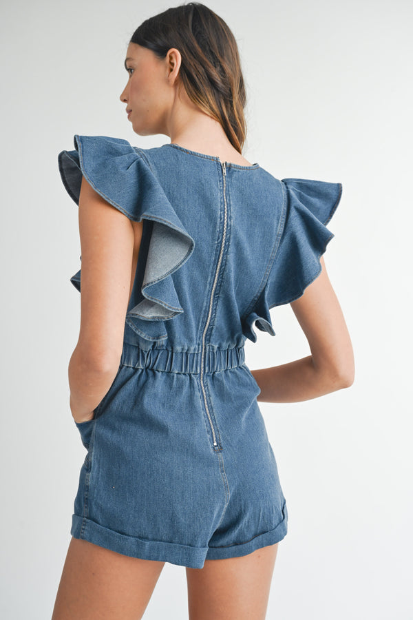 OAKLYNN RUFFLE SLEEVE DENIM ROMPER