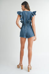OAKLYNN RUFFLE SLEEVE DENIM ROMPER