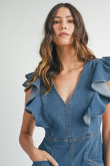 OAKLYNN RUFFLE SLEEVE DENIM ROMPER