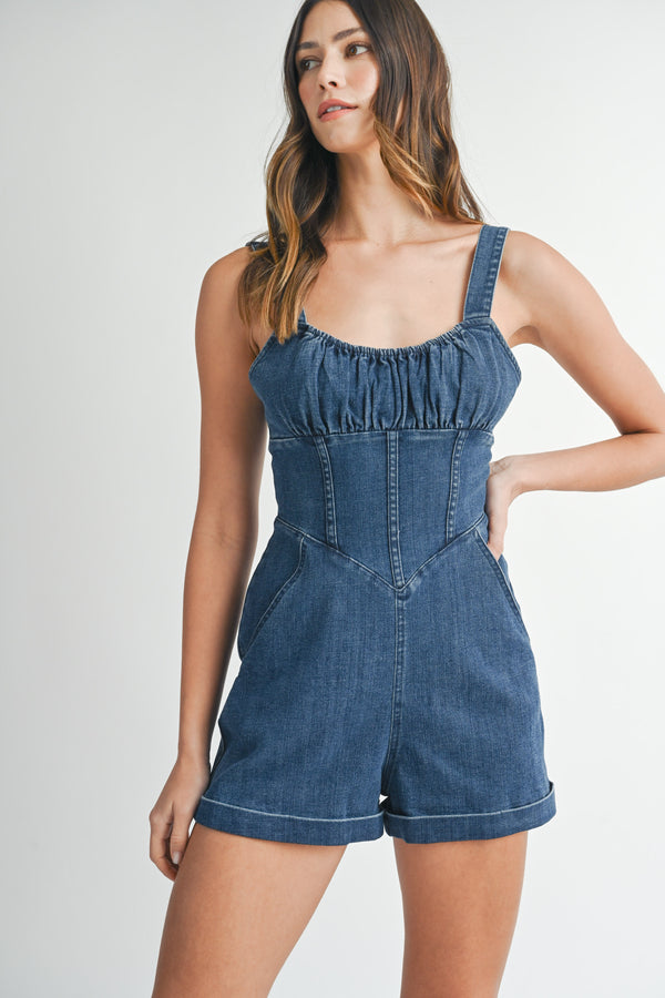 LEILANI BUSTIER DETAILED DENIM ROMPER