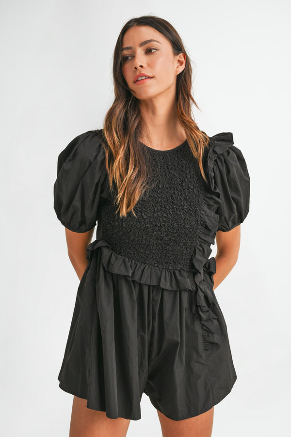 KRISTINA RUFFLED SMOCKED SLEEVE ROMPER