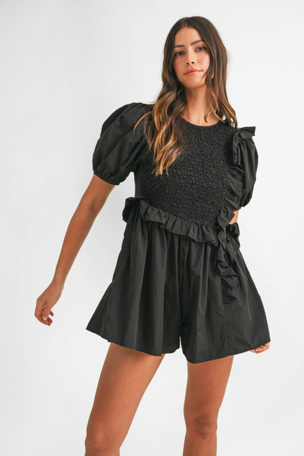 KRISTINA RUFFLED SMOCKED SLEEVE ROMPER