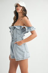 EMMELYN OFF THE SHOULDER DENIM ROMPER