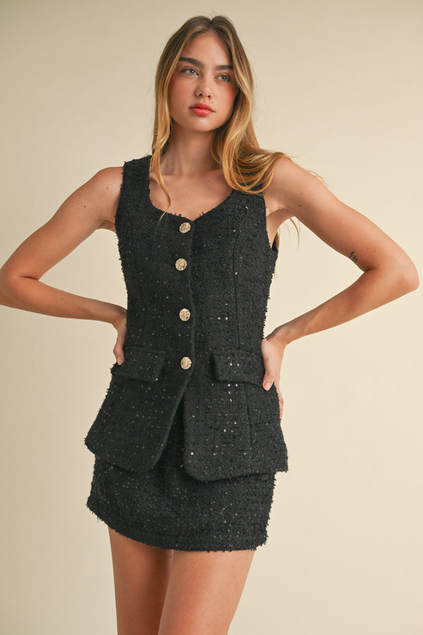 MIRACLE SEQUIN TWEED SLEEVELESS ROMPER
