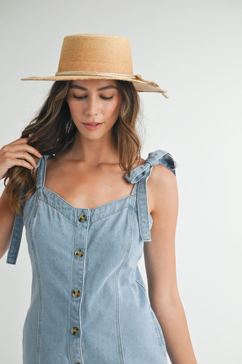 PHOEBE DENIM ROMPER WITH SHOULDER TIE BOW