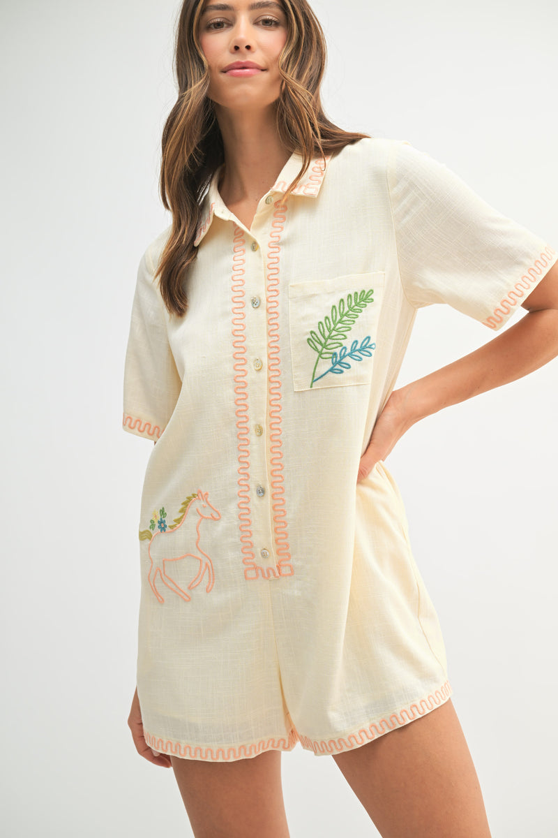 THEON EMBROIDERED BUTTON ROMPER