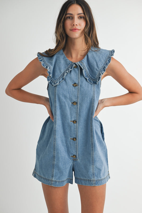 GRACE COLLAR BUTTON DOWN DENIM ROMPER