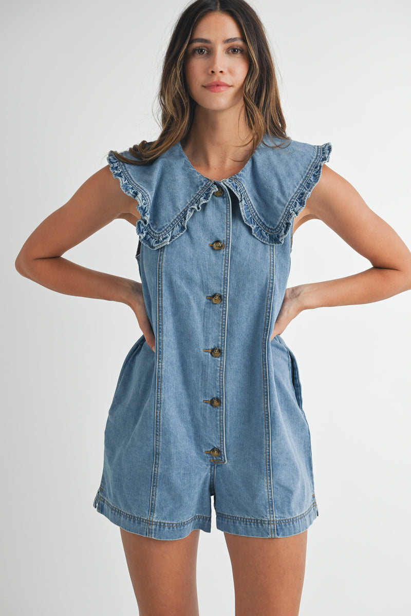 GRACE COLLAR BUTTON DOWN DENIM ROMPER
