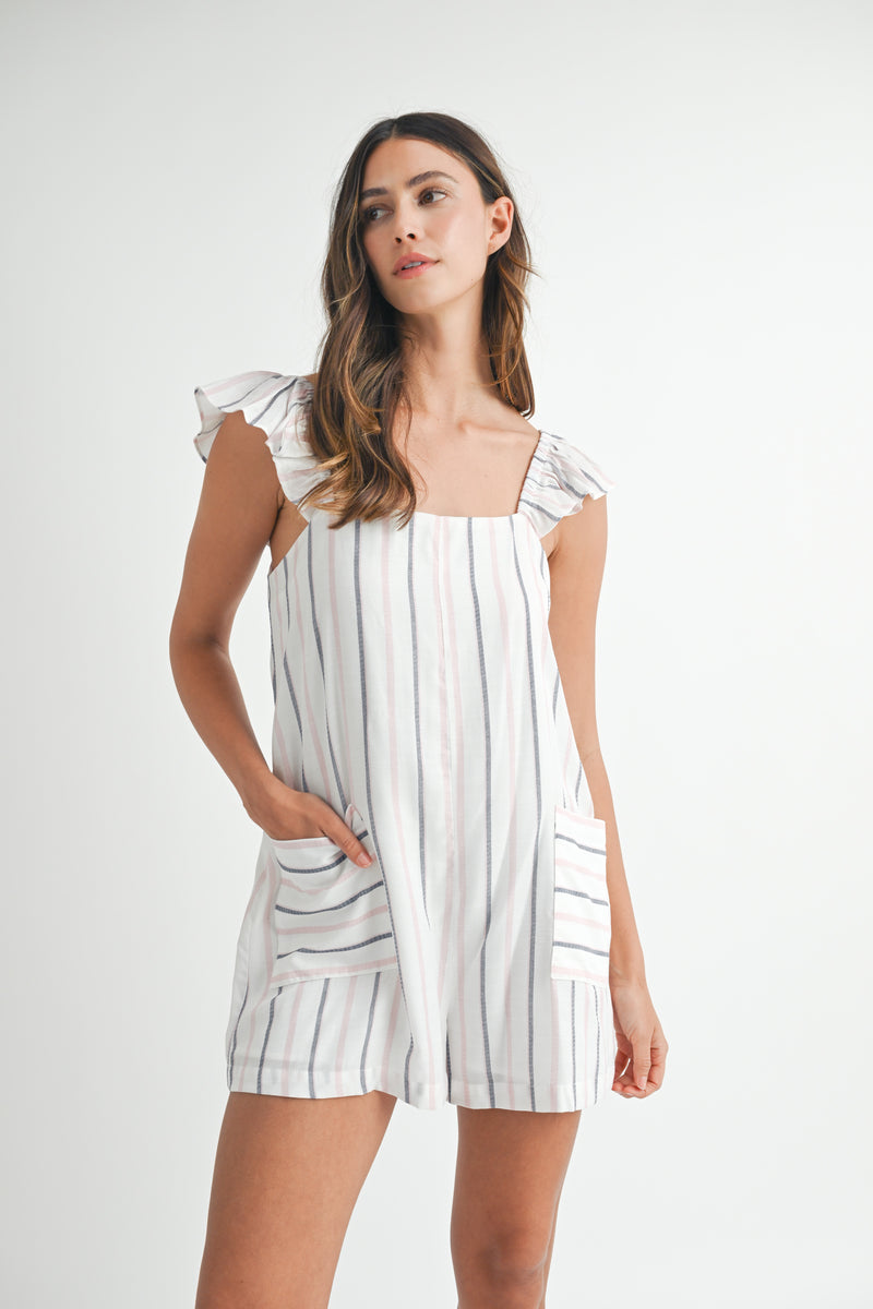 ALIVIA PIN STRIPE RUFFLE SLEEVE ROMPER