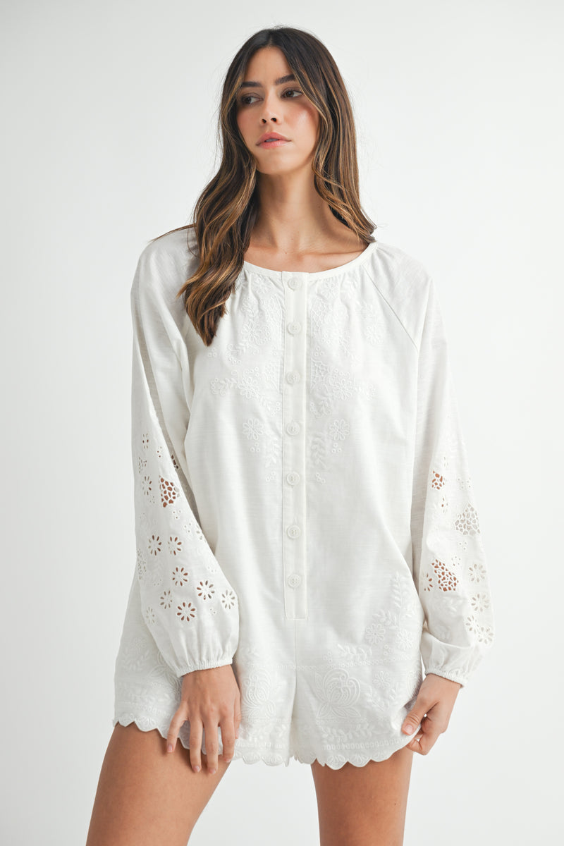 QUINLEY EMBROIDERED LONG SLEEVE ROMPER