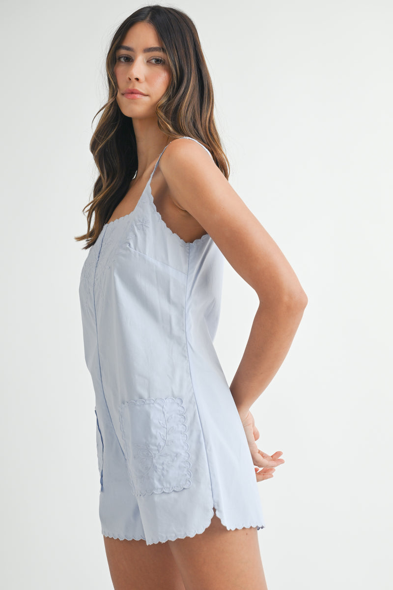 BRONWEN EMBROIDERED SQUARE NECK ROMPER