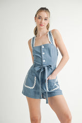 SUNNYSIDE RICRAC TRIM DENIM ROMPER