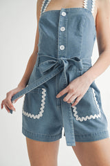 SUNNYSIDE RICRAC TRIM DENIM ROMPER