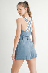 SUNNYSIDE RICRAC TRIM DENIM ROMPER