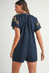 ZELINA EMBROIDERED TASSEL SHORT SLEEVE ROMPER