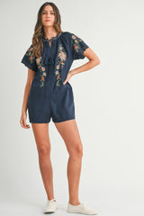 ZELINA EMBROIDERED TASSEL SHORT SLEEVE ROMPER