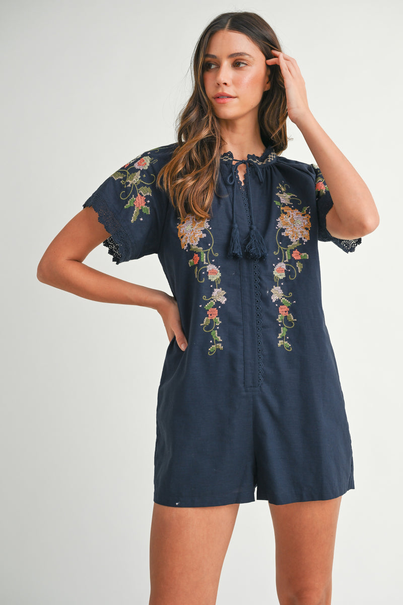 ZELINA EMBROIDERED TASSEL SHORT SLEEVE ROMPER