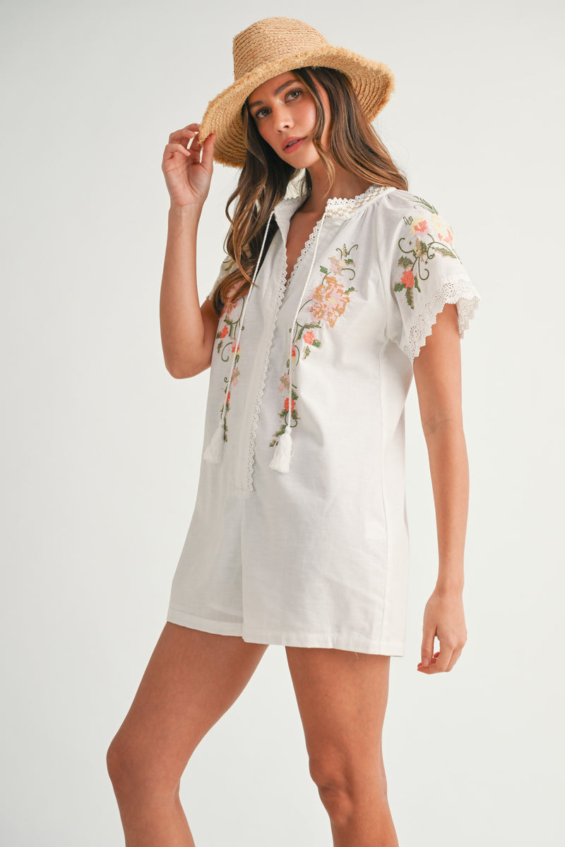 ZELINA EMBROIDERED TASSEL SHORT SLEEVE ROMPER
