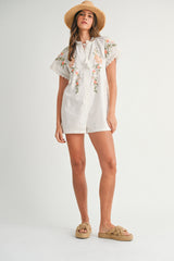 ZELINA EMBROIDERED TASSEL SHORT SLEEVE ROMPER