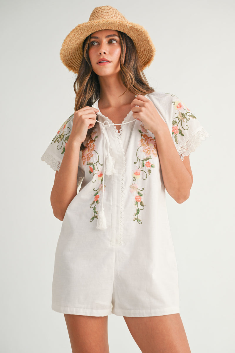 ZELINA EMBROIDERED TASSEL SHORT SLEEVE ROMPER
