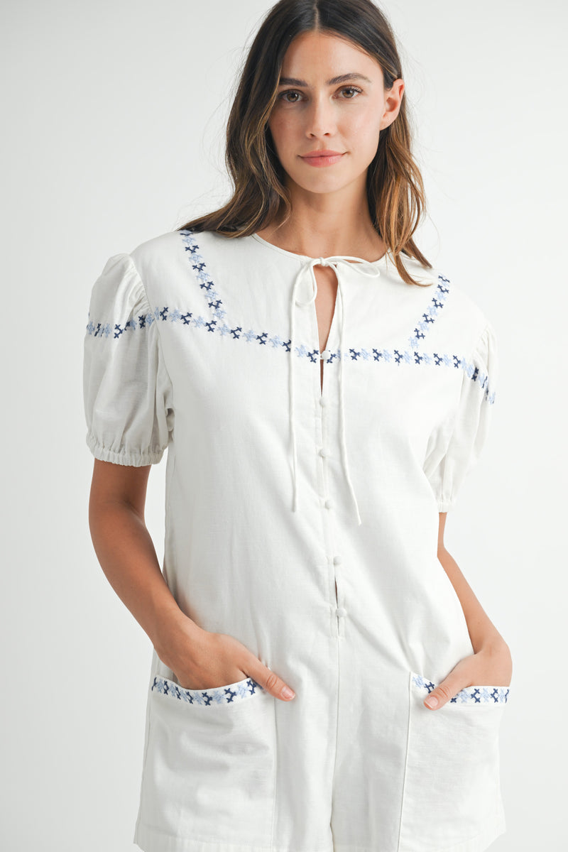 ALVA EMBROIDERED SHORT SLEEVE ROMPER