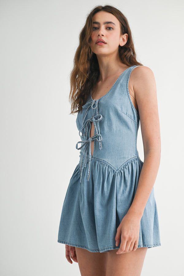 SSERA DENIM FRONT TIE ROMPER