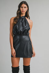 ARCELI FAUX LEATHER HALTER NECK ROMPER