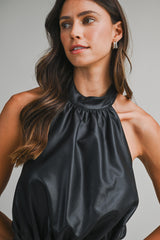 ARCELI FAUX LEATHER HALTER NECK ROMPER
