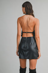ARCELI FAUX LEATHER HALTER NECK ROMPER