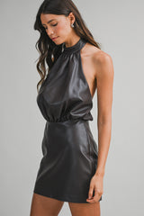 ARCELI FAUX LEATHER HALTER NECK ROMPER