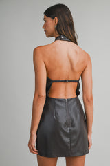 ARCELI FAUX LEATHER HALTER NECK ROMPER