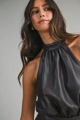 ARCELI FAUX LEATHER HALTER NECK ROMPER