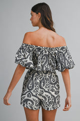 PAOLA PRINTED OFF SHOULDER PUFF SLEEVES ROMPER