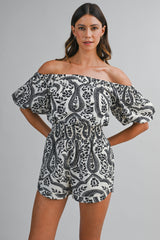 PAOLA PRINTED OFF SHOULDER PUFF SLEEVES ROMPER