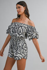 PAOLA PRINTED OFF SHOULDER PUFF SLEEVES ROMPER