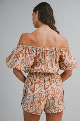 PAOLA PRINTED OFF SHOULDER PUFF SLEEVES ROMPER
