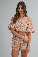 PAOLA PRINTED OFF SHOULDER PUFF SLEEVES ROMPER