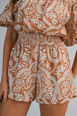 PAOLA PRINTED OFF SHOULDER PUFF SLEEVES ROMPER