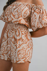 PAOLA PRINTED OFF SHOULDER PUFF SLEEVES ROMPER